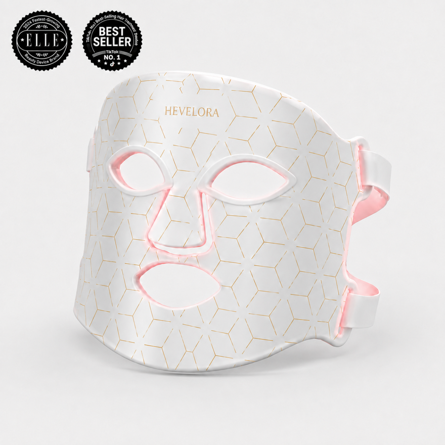 HEVELORA white and gold LED face mask with pink light